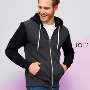 Trendy unisex hooded sweat jacket met contrasterende kleur koord.