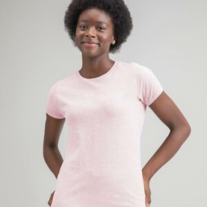 In transition to using organic cotton. Curved feminine fit. Soft peach finish. 1x1 ribbed collar. Grin stitch on sleeves and hem. Tear out label.