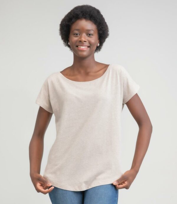 Loose fit. Wide neckline. Longer length. Twin needle sleeves and hem. Curved hem. Tear out label.