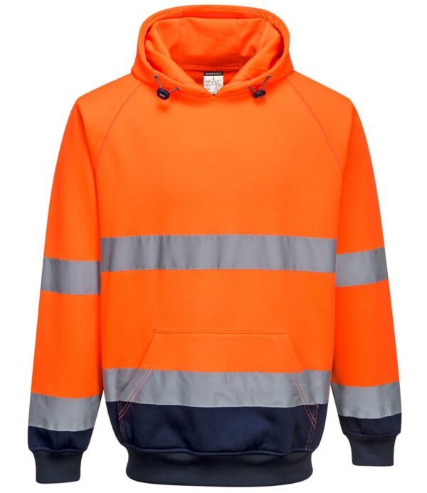 Conforms to EN ISO 20471: 2013 + A1: 2016 class 3.RIS-3279-TOM (orange/navy only).Brushed back fleece.Lined hood with adjustable toggle drawcord.Raglan sleeves.Two reflective bands around the body and sleeves.Front pouch pocket.Ribbed cuffs and hem.