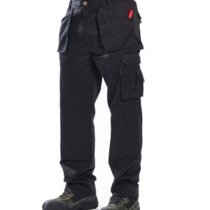 UPF rating of 50+.Part elasticated waistband.Belt loops.Zip fly with button over.Two side pockets.Swing away holster pockets.Two rear pockets with tear release flaps.Hammer loop.Ruler pocket.Multi-use side leg pockets.Anti-shock fabric for mobile phone protection.Knee pad pockets.Branded tabs on side leg pockets.