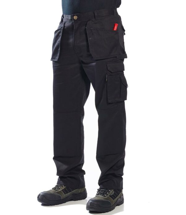 UPF rating of 50+.Part elasticated waistband.Belt loops.Zip fly with button over.Two side pockets.Swing away holster pockets.Two rear pockets with tear release flaps.Hammer loop.Ruler pocket.Multi-use side leg pockets.Anti-shock fabric for mobile phone protection.Knee pad pockets.Branded tabs on side leg pockets.