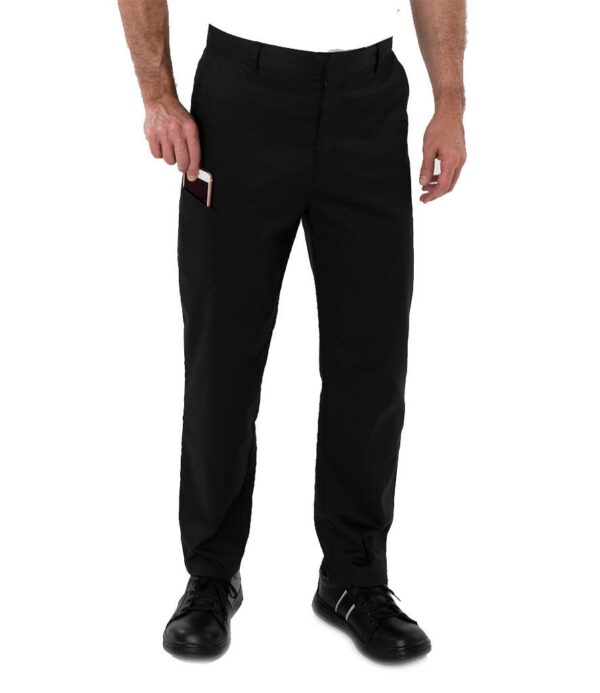 Narrow leg with flat front.Part elasticated waistband with belt loops.Zip fly.Two side pockets.Media pocket.Rear patch pocket.Domestic wash 65°C.