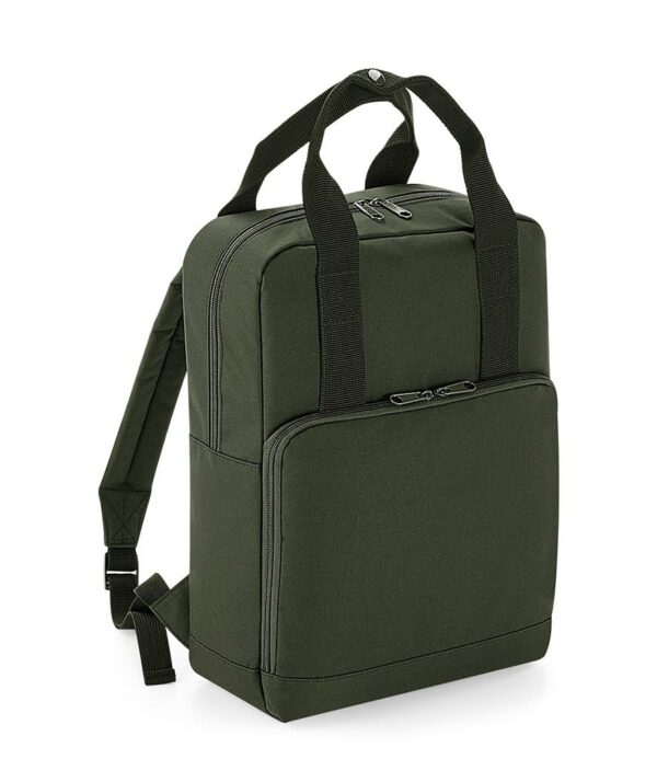 Webbing carry handles. Padded adjustable shoulder straps. Padded back panel. Main zip compartment. Large front zip pocket with organiser section. Tear out label. Capacity 14 litres.