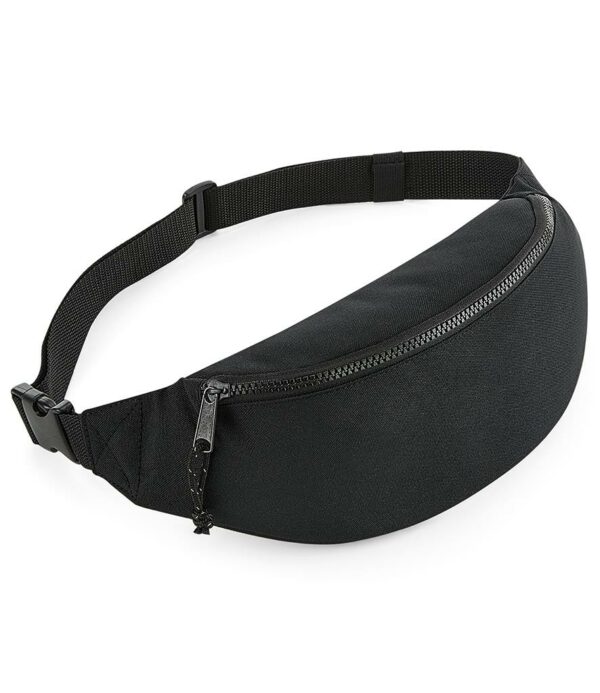 Adjustable webbing belt with clip closure. Cord zip pulls with reflective detail. Large main zip compartment. Rear zip pocket. Tear out label. Capacity 2.5 litres.