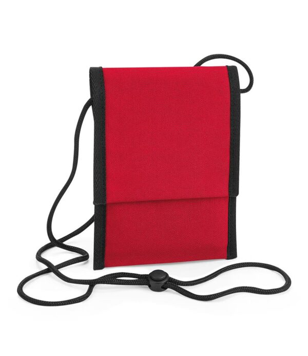 Adjustable neck cord. Rip-Strip™ closure. Small valuables pocket. Passport pocket. Tear out label. Capacity 0.5 litres.