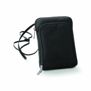 Hideaway adjustable neck cord. Smartphone compatible. Padded main compartment. Passport pocket. Organiser section.