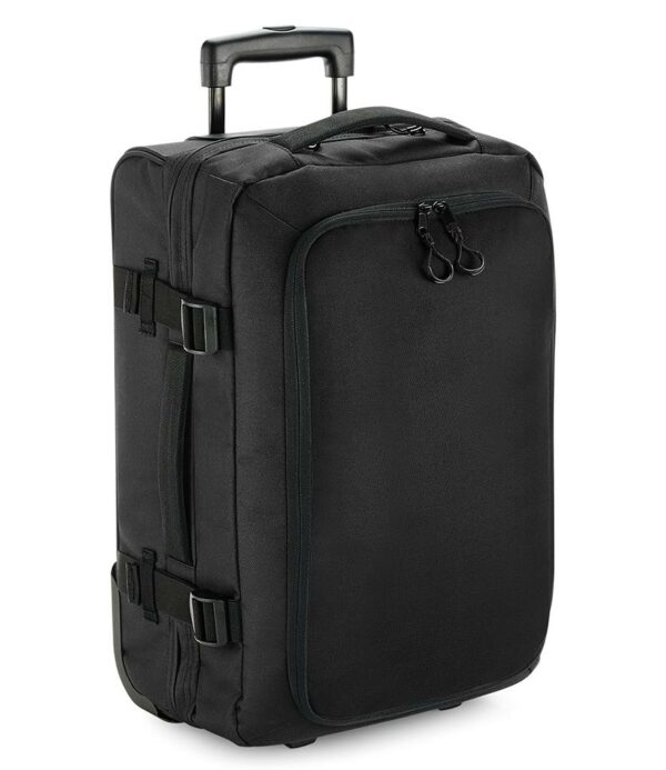 "Aircraft cabin compatible. Padded grab handles. High stability retractable twin handle. Dual compartment design. Compression straps. Lockable main zip compartment. Large front zip compartment with internal mesh divider. Padded laptop compartment compatible up to 15.6'"". Internal zip pocket. Organiser section. Durable integrated skate wheels. Tear out label. Capacity 40 litres."
