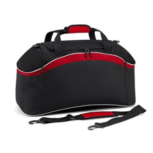 Padded hand grip. Detachable adjustable webbing shoulder strap with pad. Large main zip compartment. End zip pockets. Internal baseboard. Protective base feet. Enhanced visibility reflective piping. Capacity 54 litres.