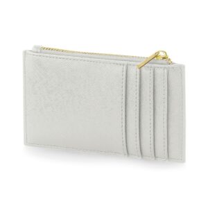 Saffiano fine grain. Soft touch lining. Contemporary slimline design. Zip closure. Holds four credit cards. Can be decorated front and rear. Tear out label.