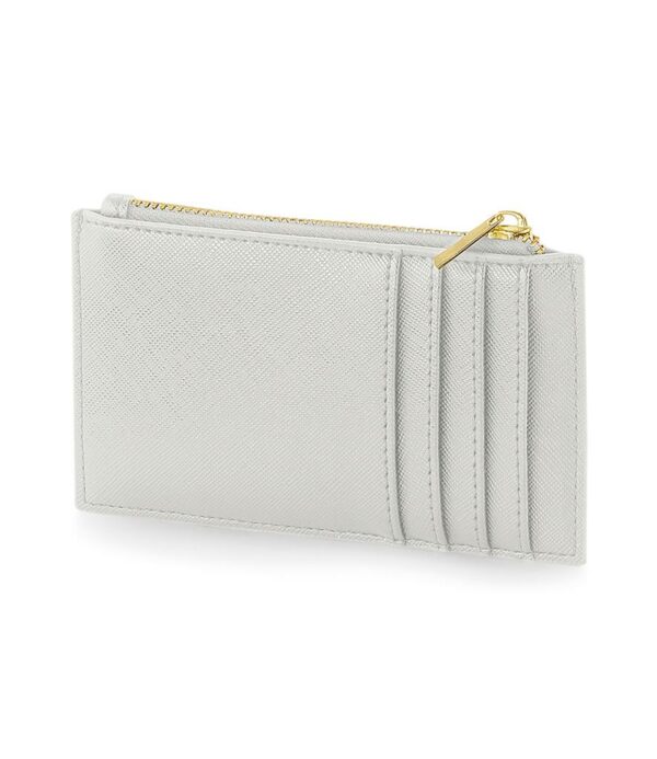 Saffiano fine grain. Soft touch lining. Contemporary slimline design. Zip closure. Holds four credit cards. Can be decorated front and rear. Tear out label.