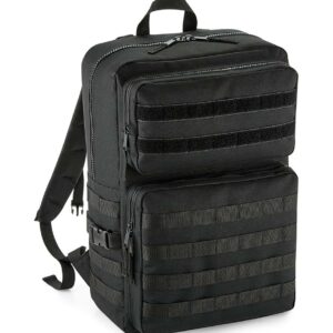 "Military inspired design. Dual Rip-Strip™ MOLLE webbing. MOLLE webbing loop detail. Grab handle. Padded adjustable shoulder straps. Padded back panel. Main zip compartment. Two front zip pockets. Internal slip pocket. Compression straps. Tear out label. Capacity 25 litres. Compatible with MOLLE utility patch