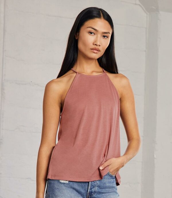 Relaxed draped fit. High neck style. Spaghetti straps. Side seams. Twin needle hem. Tear out label.