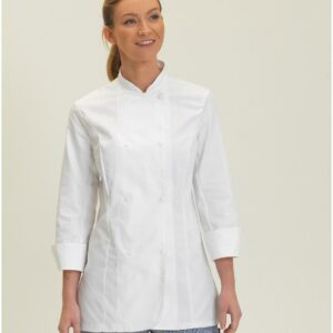 White 50% recycled polyester/50% cotton.Black 65% recycled polyester/35% cotton.Three panel back and shaped front.Mandarin collar stand.Stud closure.Left sleeve pocket.Turn back french cuffs.65°C wash.Branded tab on left sleeve and right side seam.Available in short sleeves DE006.