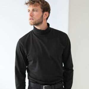 Double thickness stretch ribbed roll neck. Reinforced shoulders and neck. Twin needle stitching.