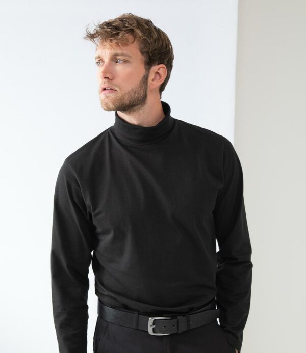 Double thickness stretch ribbed roll neck. Reinforced shoulders and neck. Twin needle stitching.