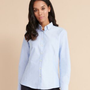 Wrinkle resistant fabric. Ladies modern fit. Short point button down collar. Pearlised buttons. Back yoke. Front and back darts. Shaped seams. Two button adjustable cuffs with button on cuff gauntlet.. Curved hem. Tag free.