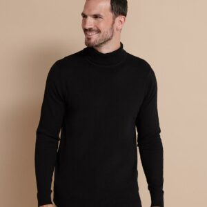 "12 gauge. Fine knit. Semi-fashioned sleeve and neck detail. 1x1 ribbed roll neck