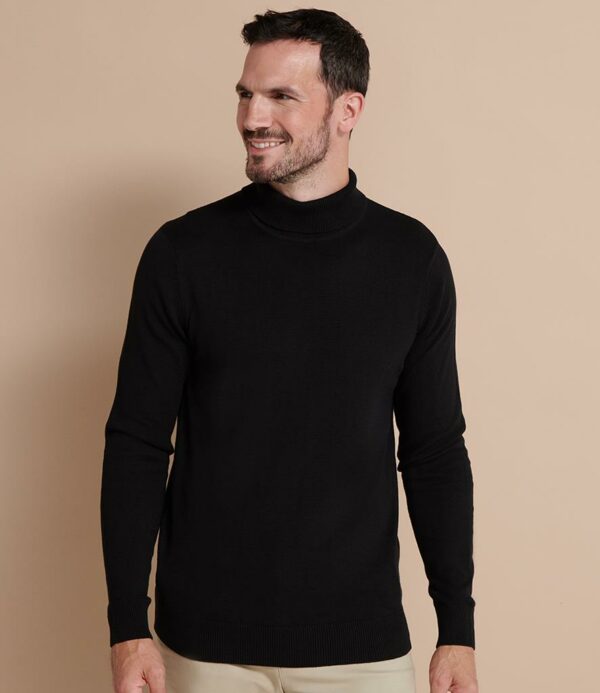 "12 gauge. Fine knit. Semi-fashioned sleeve and neck detail. 1x1 ribbed roll neck