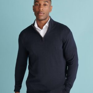 "12 gauge. Fine knit. Semi-fashioned sleeve and neck detail. Metal zip and pull. 1x1 ribbed collar
