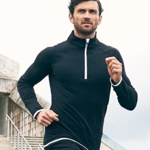 "CoolFit™ matt finish performance fabric with superior wicking properties. UPF 40+ UV protection. Slim fit. Stand up collar. Raglan sleeves. Zip neck with chin guard. Self fabric contrast bound zip
