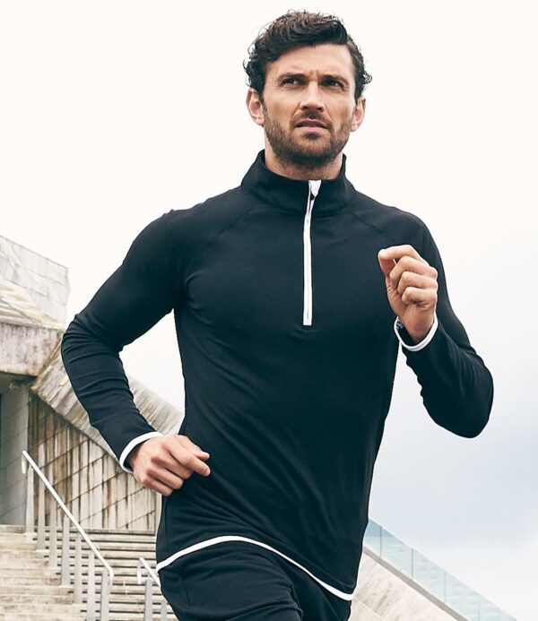 "CoolFit™ matt finish performance fabric with superior wicking properties. UPF 40+ UV protection. Slim fit. Stand up collar. Raglan sleeves. Zip neck with chin guard. Self fabric contrast bound zip