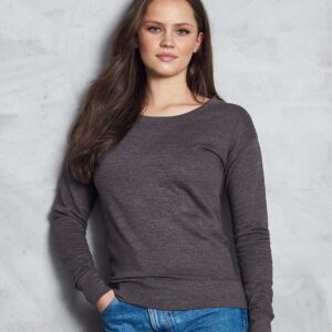 "Soft cotton faced fabric. Brushed back fleece. Drop shoulder style. Girlie fit. Scooped ribbed collar