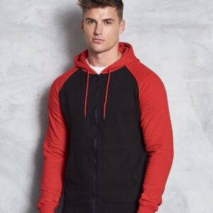 Soft cotton faced fabric. Brushed back fleece. Raglan sleeves. Contrast double fabric hood with flat lace drawcord. Full length contrast plastic YKK zip. Contrast sleeves. Front pouch pockets. Ribbed cuffs and hem. Twin needle stitching. Tear out label.