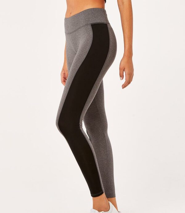 Grey melange 89% polyester/11% spandex. Black 92% polyester/8% spandex. Wide double layer waistband with concealed rear zip pocket. Contrast side leg panels. Flatlock stitched seams.