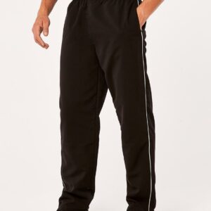Polyester mesh upper leg lining. Polyester lower leg lining. Elasticated waistband with inner drawcord. Two side zip pockets. Contrast piping down outside legs. Open hem leg ends with side leg zips.