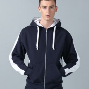 "Contrast lined hood and drawcord. Full length zip. Contrast panels on shoulders