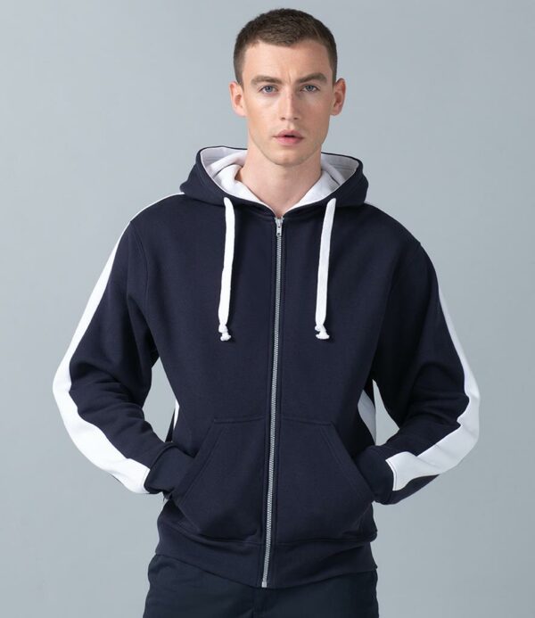 "Contrast lined hood and drawcord. Full length zip. Contrast panels on shoulders