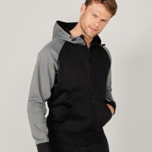 Brushed back fleece. Single jersey lined hood. Funnel neck hood with adjustable toggles. Raglan sleeves. Contrast panelled sleeves with white piping. Full length zip. Front pouch pockets. Ribbed cuffs and hem.
