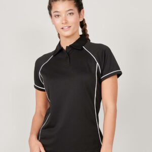 "Coolplus® modified polyester fibre draws moisture away from skin to keep you cool and dry. Self fabric collar. Two self colour button placket. Contrast piping to raglan sleeves
