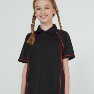 "Coolplus® modified polyester fibre draws moisture away from skin to keep cooler and dry. Self fabric collar. Two self colour button placket. Contrast piping to raglan sleeves