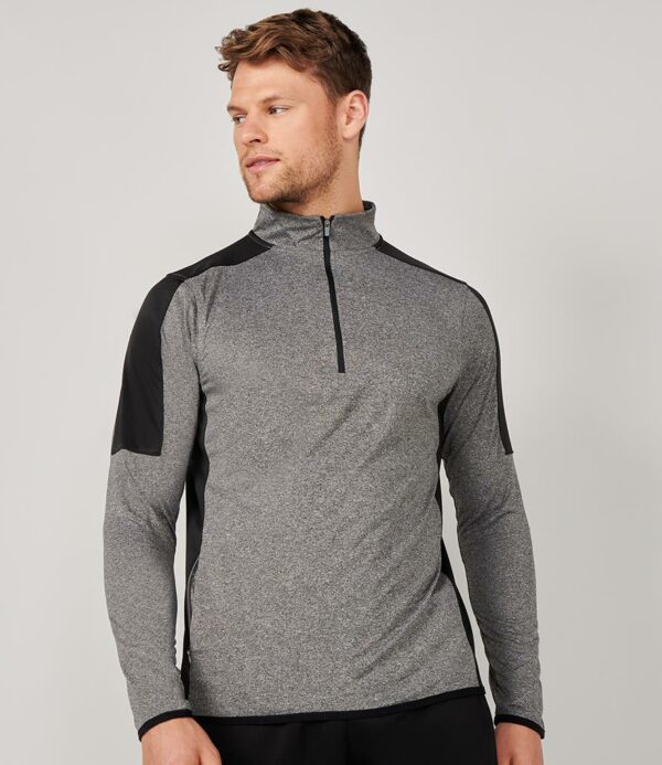 "Wicking finish. Contrast zip neck with stand up collar. Contrast shoulder