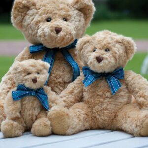 Light brown coloured bear with blue tartan ribbon. Contrast pads on paws and feet.