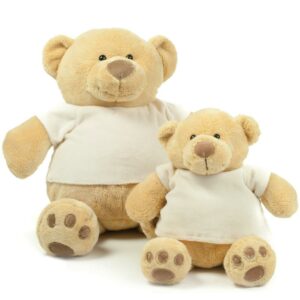 Honey coloured chubby soft plush bear. Contrast nose and feet detail. Comes dressed in a removable cream velour t-shirt.