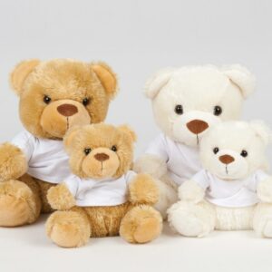 Plush cream and mid brown coloured bear. Comes dressed in a removable white 100% cotton t-shirt.