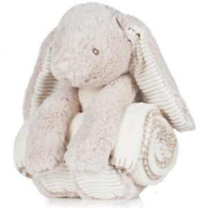 Light brown coloured soft plush rabbit. Contrast cream corduroy under ears and on paws. Hook and loop fastening on paws. Separate fleece cream blanket with contrast blanket stitched edge (90 x 75cm). Comes in a presentation bag with cream ribbon.