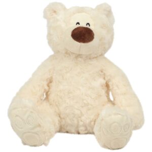 Cream coloured soft plush bear. Contrast nose. Sewn eyes. Self colour feet. Bean filled bottom and feet.