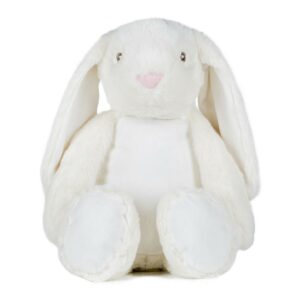 "Soft plush bunny. Floppy ears. Sewn eyes. Contrast pink nose. White coloured panel on tummy and feet. Removable inner pad. Zip access for decoration onto front panel. Suitable for embroidery