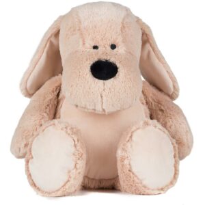 "Mid brown coloured soft plush dog. Floppy ears. Sewn eyes. Contrast brown nose. Light brown coloured panel on tummy and feet. Removable inner stuffing. Zip access for decoration onto front panel. Suitable for embroidery