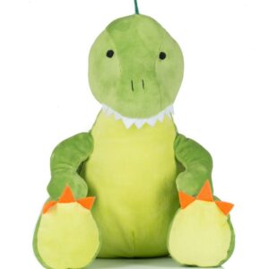 "Green coloured soft plush dinosaur. Sewn eyes. Contrast felt decoration. Light green coloured panel on tummy and feet. Removable inner pad. Zip access for decoration onto front panel. Suitable for embroidery