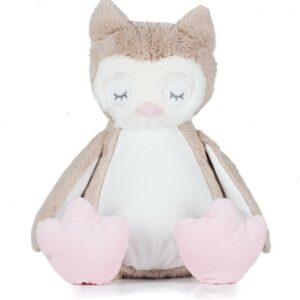 "Light brown coloured soft plush owl. Contrast nose and feet. White coloured panel on tummy and under wings. Removable inner pad. Zip access for decoration onto front panel. Suitable for embroidery