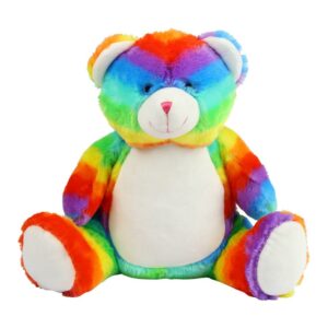 "Multi coloured soft plush bear. White coloured panel on ears