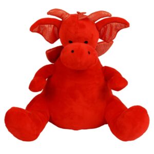 "Red coloured soft plush dragon. Contrast fabric on horns