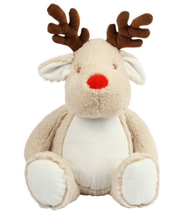 "Brown coloured soft plush reindeer. Red nose and contrast antlers. White coloured panel on ears