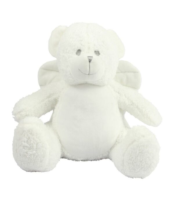 "White coloured soft plush bear. Contrast eyes and nose. Fabric wings. Removable inner pad. Zip access for decoration onto front panel. Suitable for embroidery