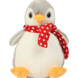 "Soft plush penguin with contrast knitted scarf. Contrast beak and feet. Sewn eyes. White coloured panel on tummy. Removable inner pad. Zip access for decoration onto front panel. Suitable for embroidery